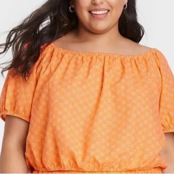 Ava & Viv Size 2X Peach White Linen Short Sleeve Cropped Top Peasant Blouse NWT - Picture 1 of 8
